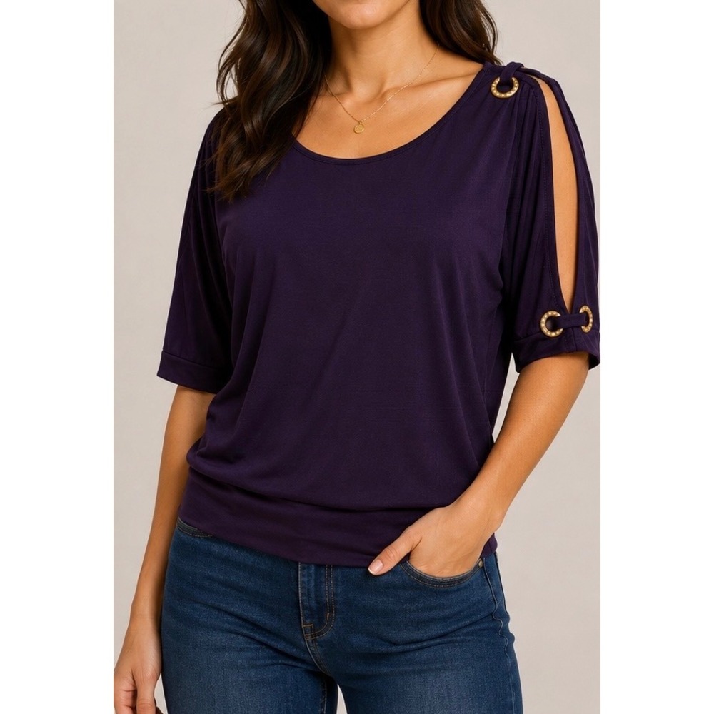 AUW Women Purple Cold Shoulder Blouse Rhinestone Grommet Short Sleeve Top‎ L